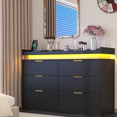 White Dresser with LED Lights, Wooden LED Dresser, 4 Drawer Chest with Charging Station, Tall Chest of Drawer Closet Organizer for Bedroom, Living Room, Entryway, Hallway