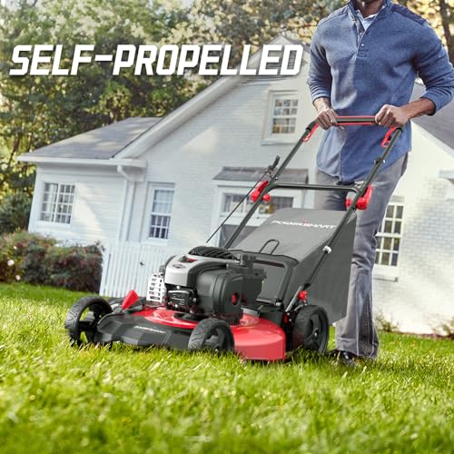 PowerSmart Self Propelled Gas Lawn Mower, Briggs and Stratton E550 140cc Engine, 21-Inch Steel Deck 3-in-1 Mulch, Bag, Side Discharge, 6-Position Dual Lever Height Adjustment