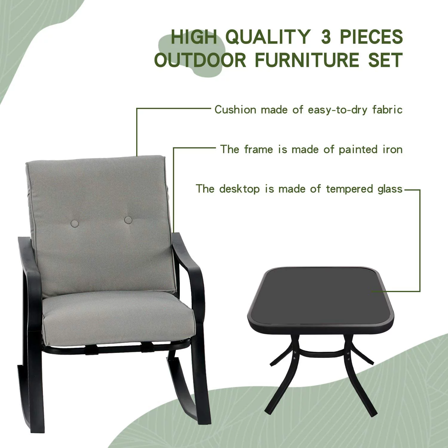 SOLAURA 3-Piece Outdoor Rocking Chairs Set, Black Iron Patio Furniture with Gray Thickened Cushion & Glass Coffee Table