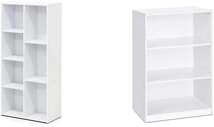 Furinno 7-Cube Reversible Open Shelf, White & Jaya Simple Home 3-Tier Adjustable Shelf Bookcase, White