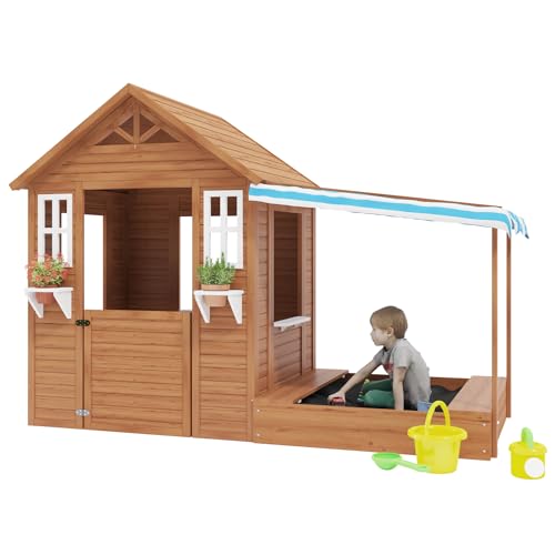 BIRASIL Kids Playhouse with Sandbox, Wooden Outdoor Cottage Play House with Sand Pit for Backyard Garden Ages 3 to 10 Years Old (Brown)