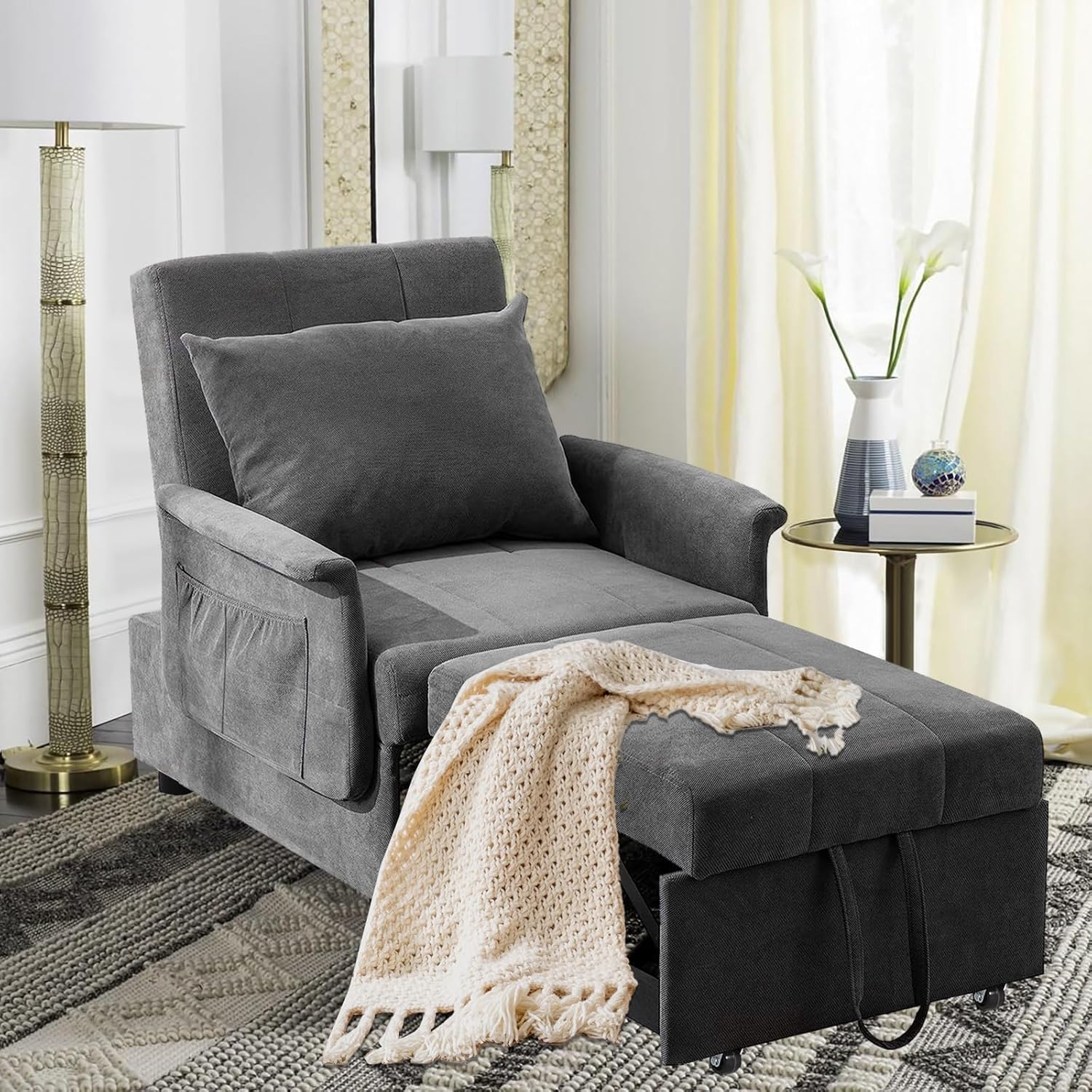 BINGTOO Bed Chair, 3 in 1 Lounge Chair,Multi-Function Folding Sofa Bed, Ottoman Bed Sleeper, Pull Out Sofa Chair, Pull Out Sofa Chair, Convertible Chair to Bed, Pull Out Bed Couch for Small Space