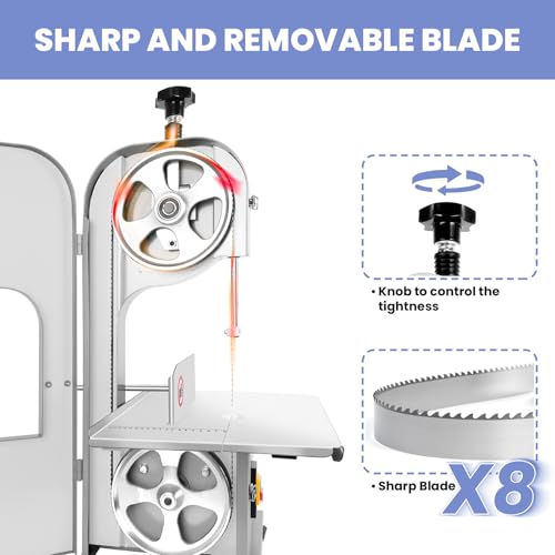 Meat Cutting Bandsaw Machine, 1500W Electric Bone Saw for Butchering with 19" x 14" Stainless Steel Workbench, 8 Saw Blades, 0.04-3.9" Cutting Thickness, Frozen Meat Cutter for Ribs (1500W)