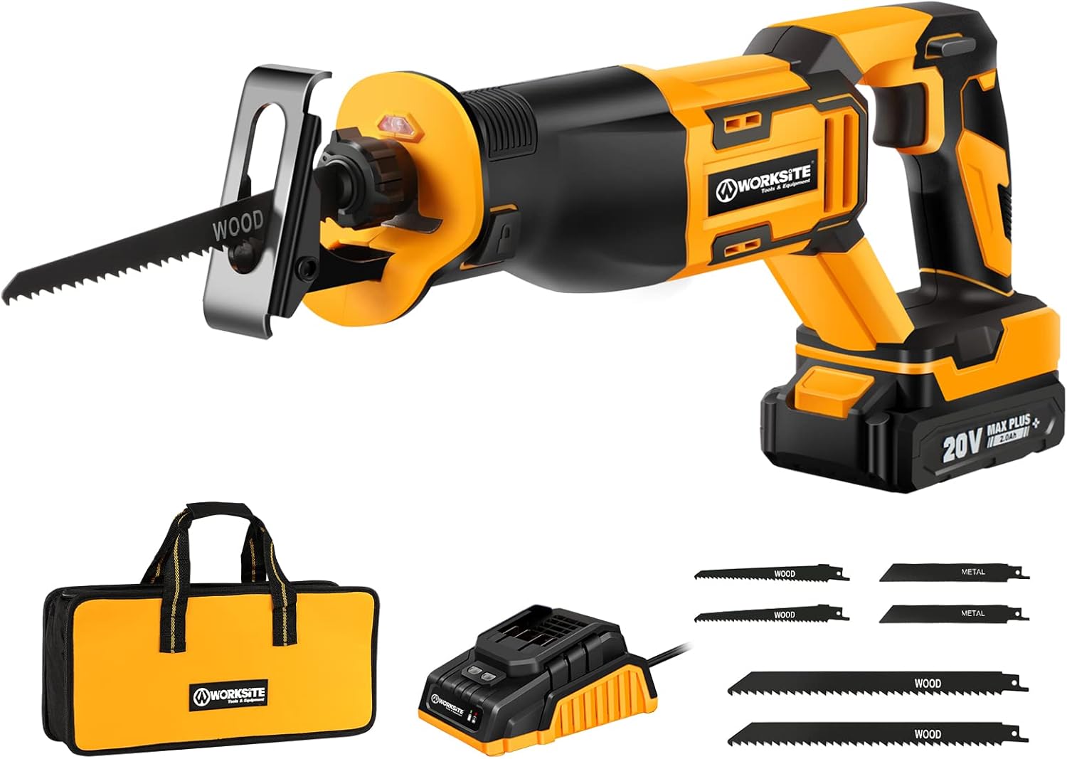 WORKSITE Reciprocating Saw, 20V Cordless Reciprocating Saw w/2.0Ah Battery & 1-Hour Fast Charger, 0-3000 SPM Variable Speed Trigger, 6 Saw Blades for Wood/Metal/PVC Pipe Cutting