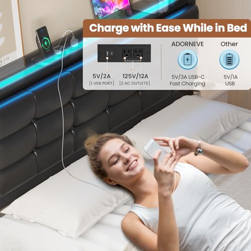 ADORNEVE Queen Bed Frame with Storage Headboard & 4 Drawers, LED Bed Frame Queen with Charging Station, Leather Upholstered Platform Bed Frame with Button Tufted, No Box Spring Needed, Black PU