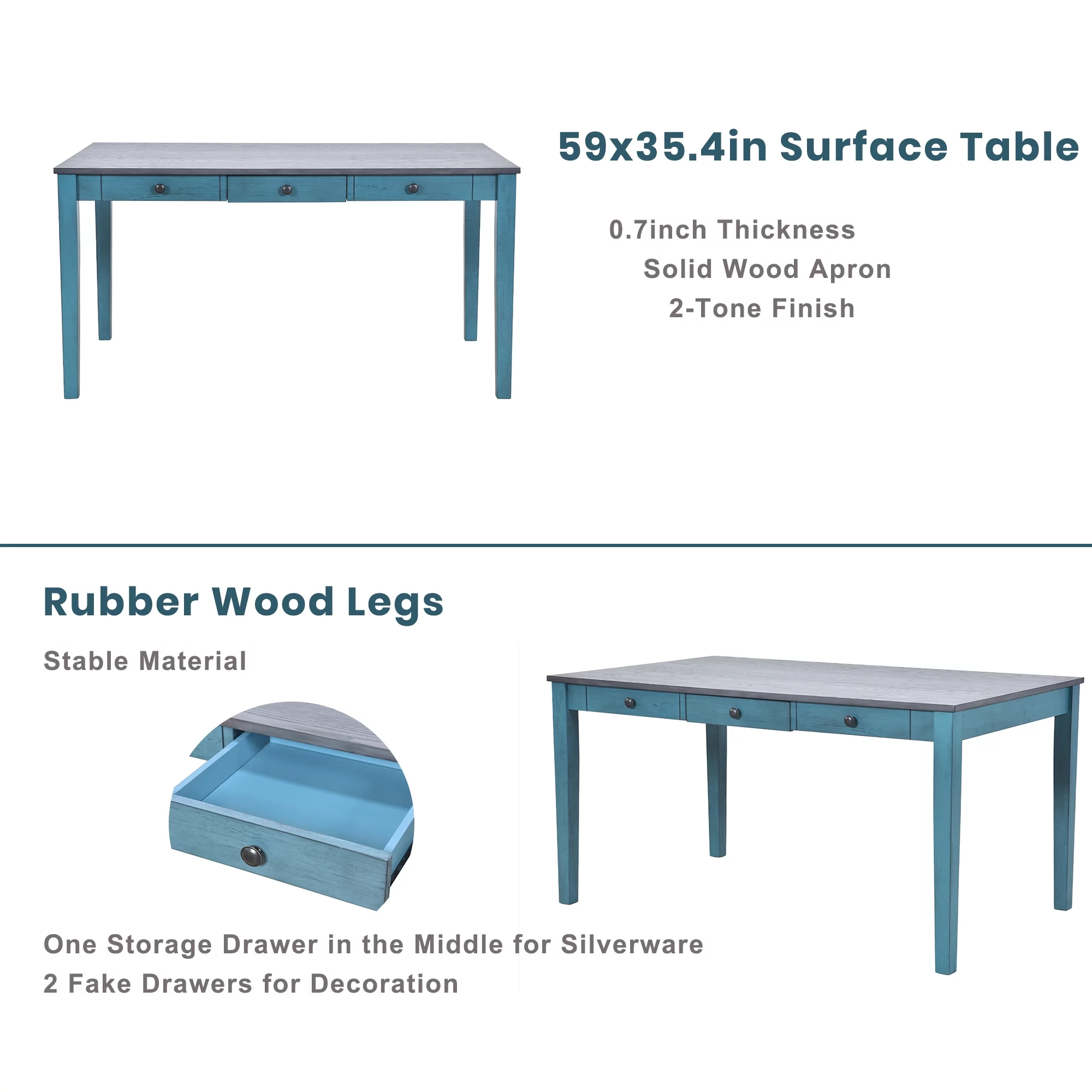 Churanty Farmhouse 6 Pieces Dining Table Set for 6,Rectangle Wood Kitchen Table with Drawer and 4 Upholstered Chairs and Bench,Antique Blue