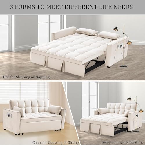 3 in 1 Sleeper Sofa Couch Bed, Velvet Convertible Loveseat Sleeper Sofa with 3 Level Adjustable Backrest, Storage Pockets, Toss Pillows, Pull Out Loveseat Sleeper for Living Room, Black