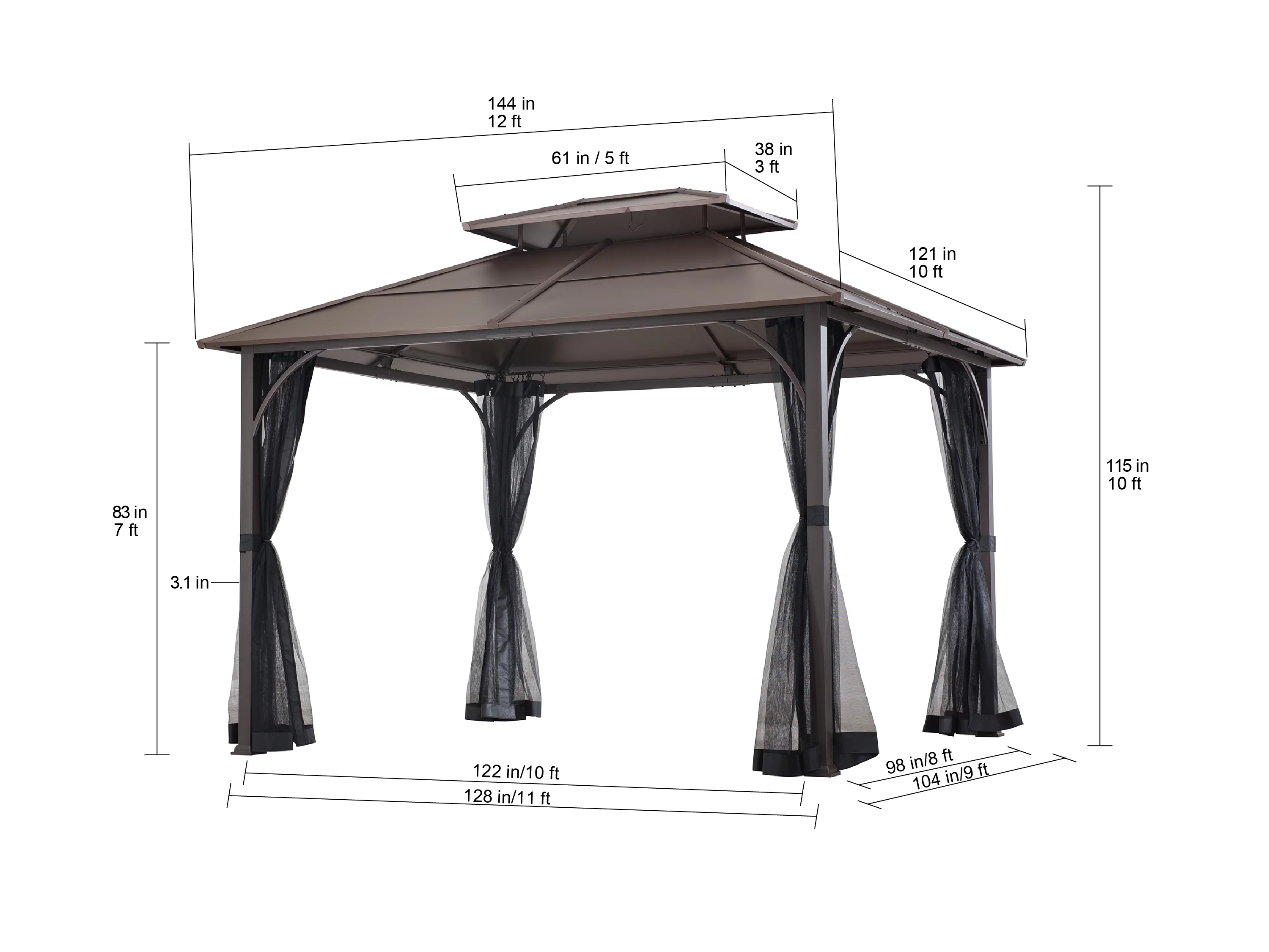 Sunjoy Lindsay Outdoor Patio 10x12 ft. Brown Steel Frame 2-Tier Hardtop Roof Gazebo with Ceiling hook and Netting