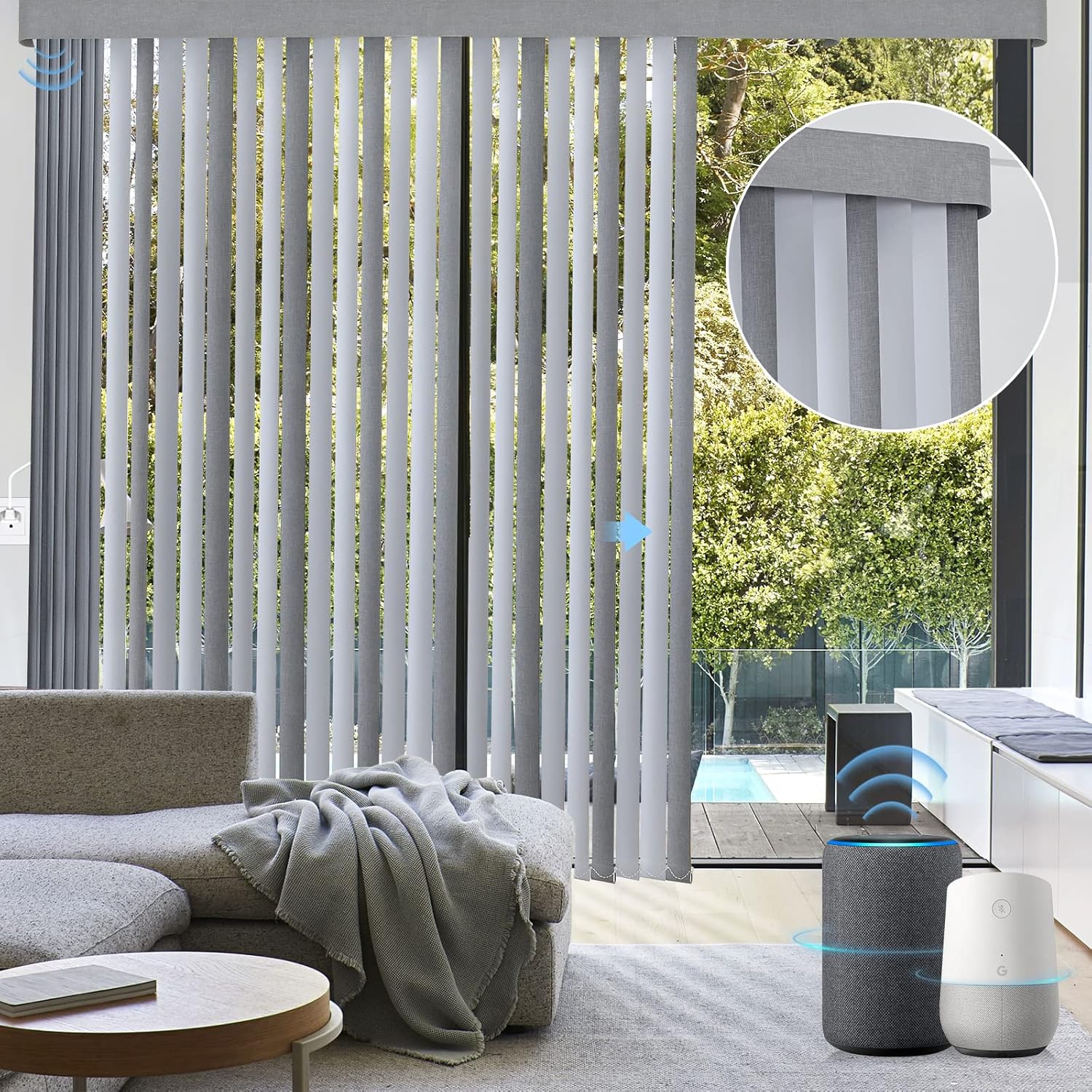 Graywind Motorized Half Shading Vertical Blinds Compatible with Alexa Google Privacy Smart Vertical Blind Remote Control Track Slats Set for Sliding Doors No Valance, Width Up to 157, Textured Khaki