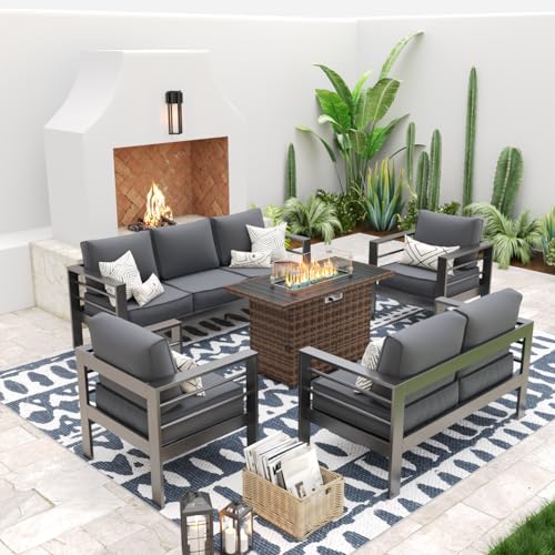 UDPATIO 8 Piece Aluminum Patio Furniture Set, Oversized Modern Outdoor Furniture Set with Olefin Fabric Cushion for Patio Deck Backyard, Dark Grey(with Waterproof Covers)