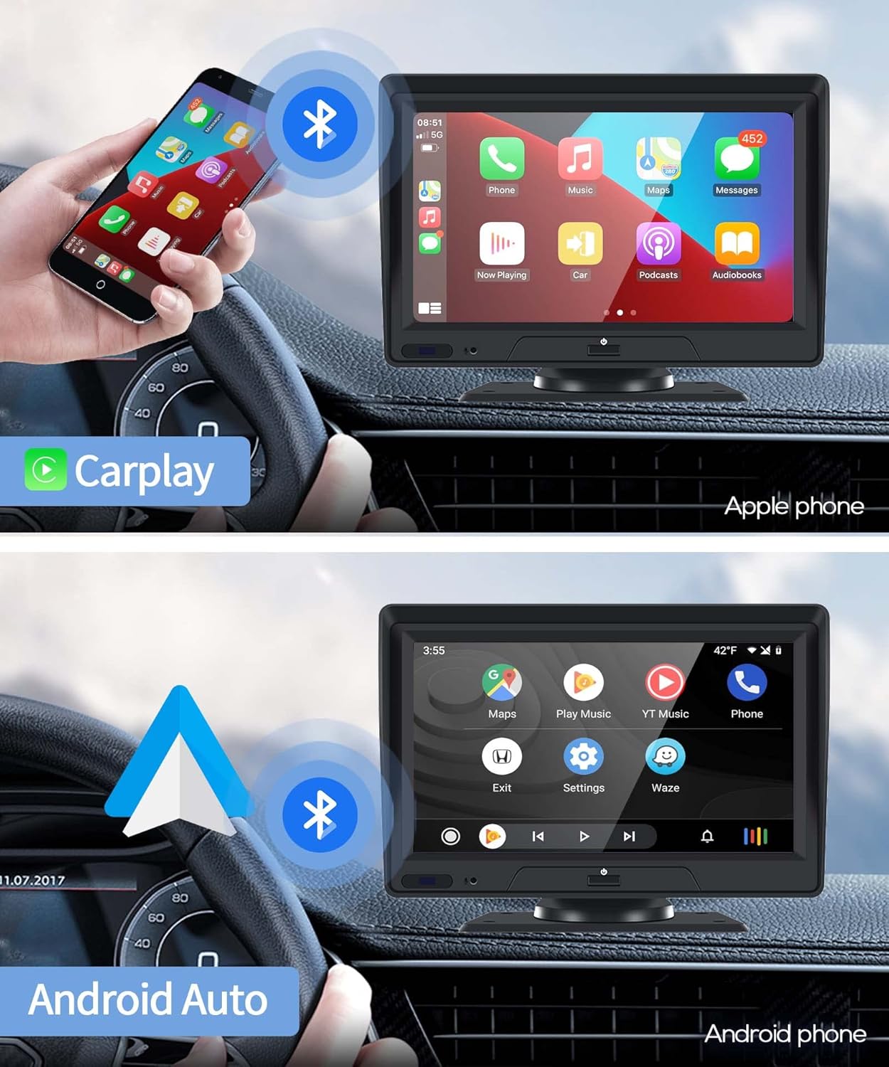 Portable Bluetooth Car Stereo Carplay Android Auto Reversing Monitor Kit, 7" Vehicle Backup Camera Set Driving Recorder Support 2 Split Screen/Bluetooth/DVR Loop Recording/Voice Control DC 9V-36V