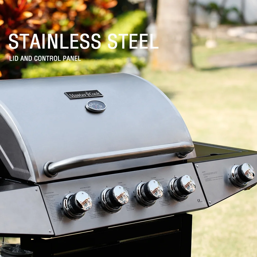 MASTER COOK 4 Burner Propane Gas Grill with Side Burner, Outdoor Stainless Steel Barbecue Grill