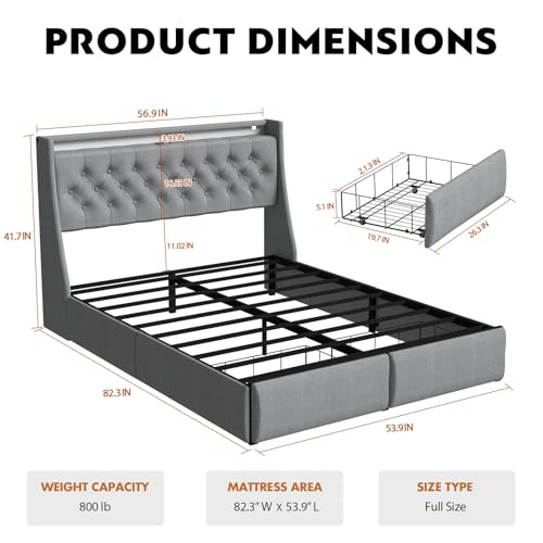 Full Size Bed Frame with 4 Storage Drawers and LED Lights, Upholstered Wingback Linen Tufted Headboard with Charging Station, Steel Slat Support, No Box Spring Needed, Noise-Free, Easy Assembly, Gray