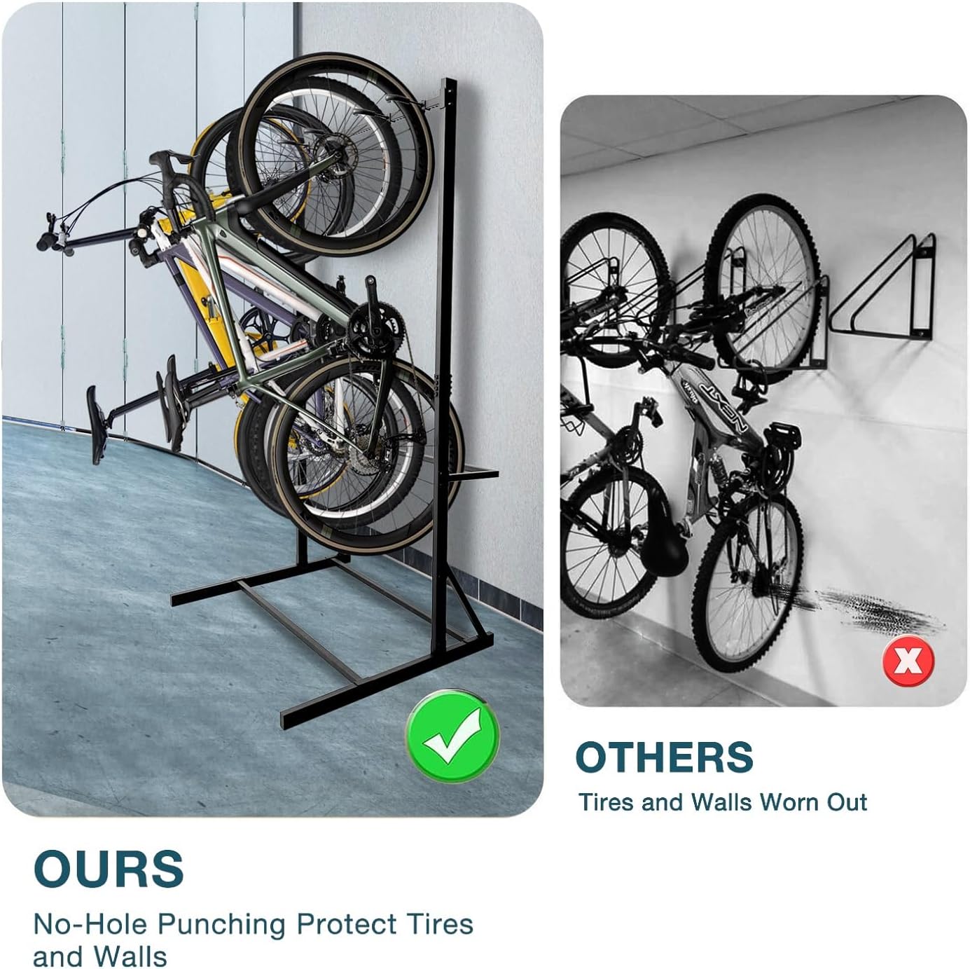 Freestanding Bike Rack Bicycle Storage Rack for Home and Garage Max 5 Bikes Solid Steel Indoor Floor Stand Organizer Sporting Gear Storage Station Sturdy Steel Vertical Bike Rack