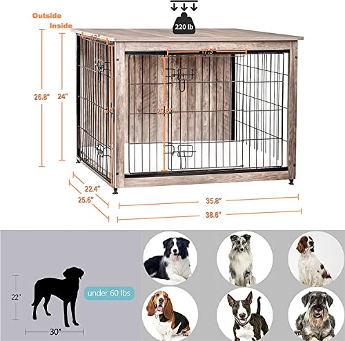 DWANTON Dog Crate Furniture with Cushion, Wooden Dog Crate with Double Doors, Dog Furniture, Dog Kennel Indoor for Small/Medium/Large Dog，End Table, Small, 27.2" L, Warm Brown