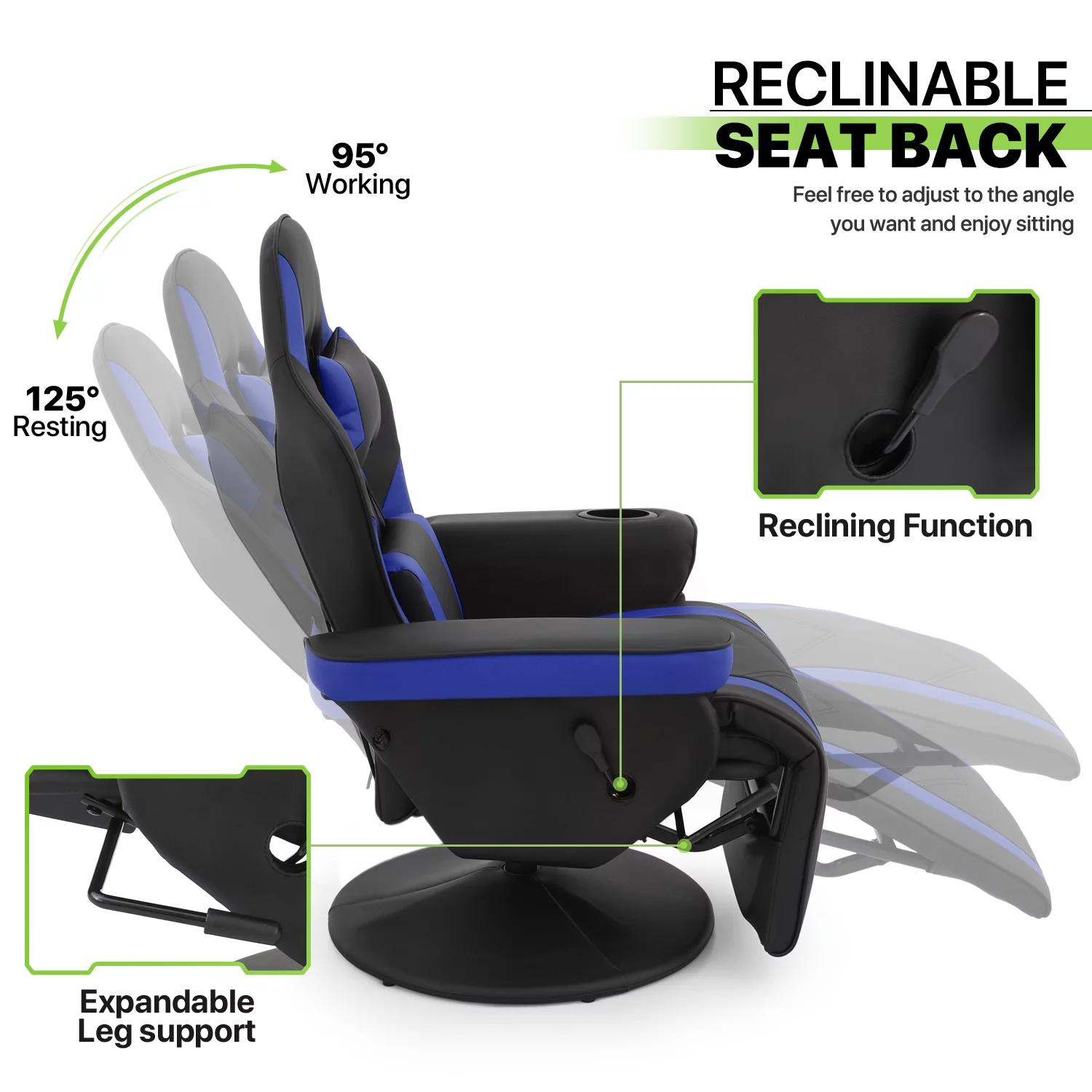 Magshion Gaming Recliner Chair, Ergonomic Reclining Video Gaming with Lumbar Support, Leather Theater Seating with Cup Holder, Blue