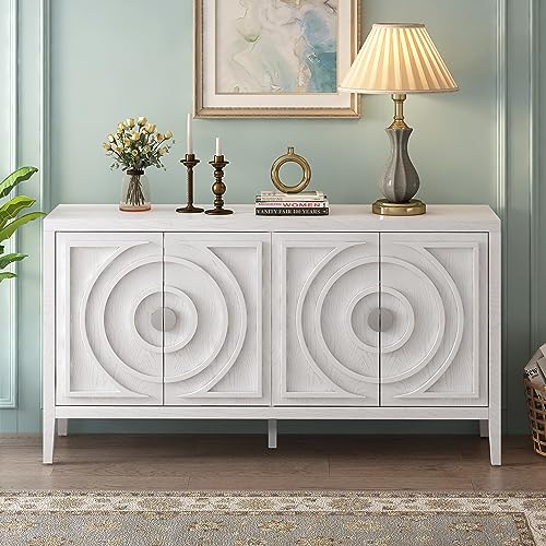 Sideboard Cabinet, Retro 4-Door Large Storage Space Buffet Cabinet with Adjustable Shelves and Circular Groove Design for Kitchen, Dining Room, Living Room (Black)