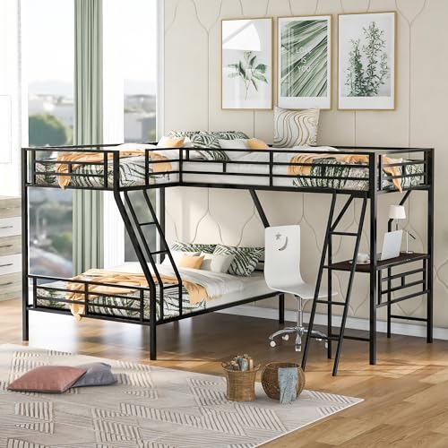 SOFTSEA Heavy Duty Metal Triple Bunk Bed, L Shaped Triple Bunk Bed with Desk, Bunk Beds Twin Over Full Size, Bunk Bed Frame with Guardrails and Ladder, No Box Spring Needed, Noise-Free, Black