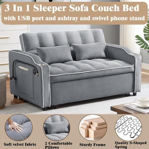 3-in-1 Convertible Sofa Bed - Modern Velvet Sleeper Sofa Chair Bed with Pull Out Bed, Adjustable Backrest, Chaise Lounge with USB Ports, Cup Holder, Side Pocket and Pillows (Black)