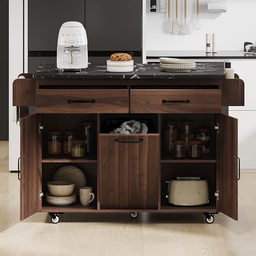 Kitchen Island With Large Drop Leaf, Rolling Kitchen Island On Wheels With Adjustable Shelf, Wood Kitchen Cart With Trash Can Storage Cabinet, Spice Rack, Towel Rack And Two Drawers (Walnut Brown-03)