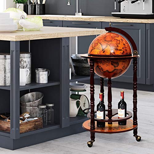 Byroce Globe Bar Cart, Wood Wine Bar Cabinet with Wheels & Liquor Bottle Shelf, Italian Replica Liquor Cabinet for Bar, Home, Dining Room, Living Room (Cream White)