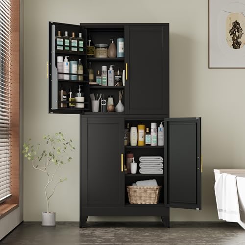 75.2" Tall Metal Pantry Cabinet, Storage Cabinets with 4 Door and 4 Adjustable Shelves, Black Kitchen Pantry Storage Cabinet, Freestanding Cupboard for Kitchen Dining Room Living Room Bathroom