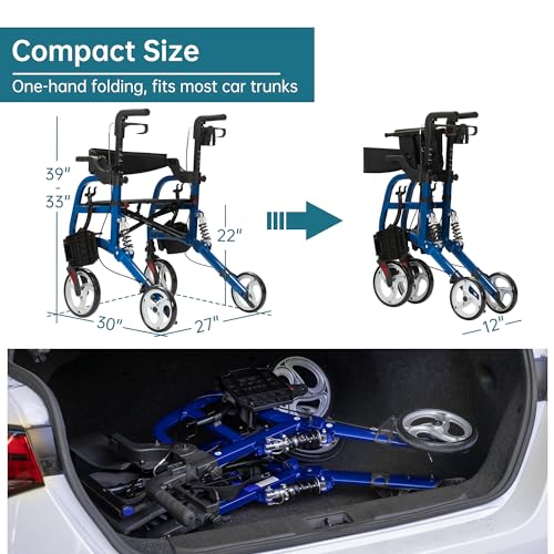 ELENKER 2 in 1 Rollator Walker & Transport Chair for Seniors, Folding Rolling Walker Wheelchair Combo with Wide Seat and Shock Absorber, Red