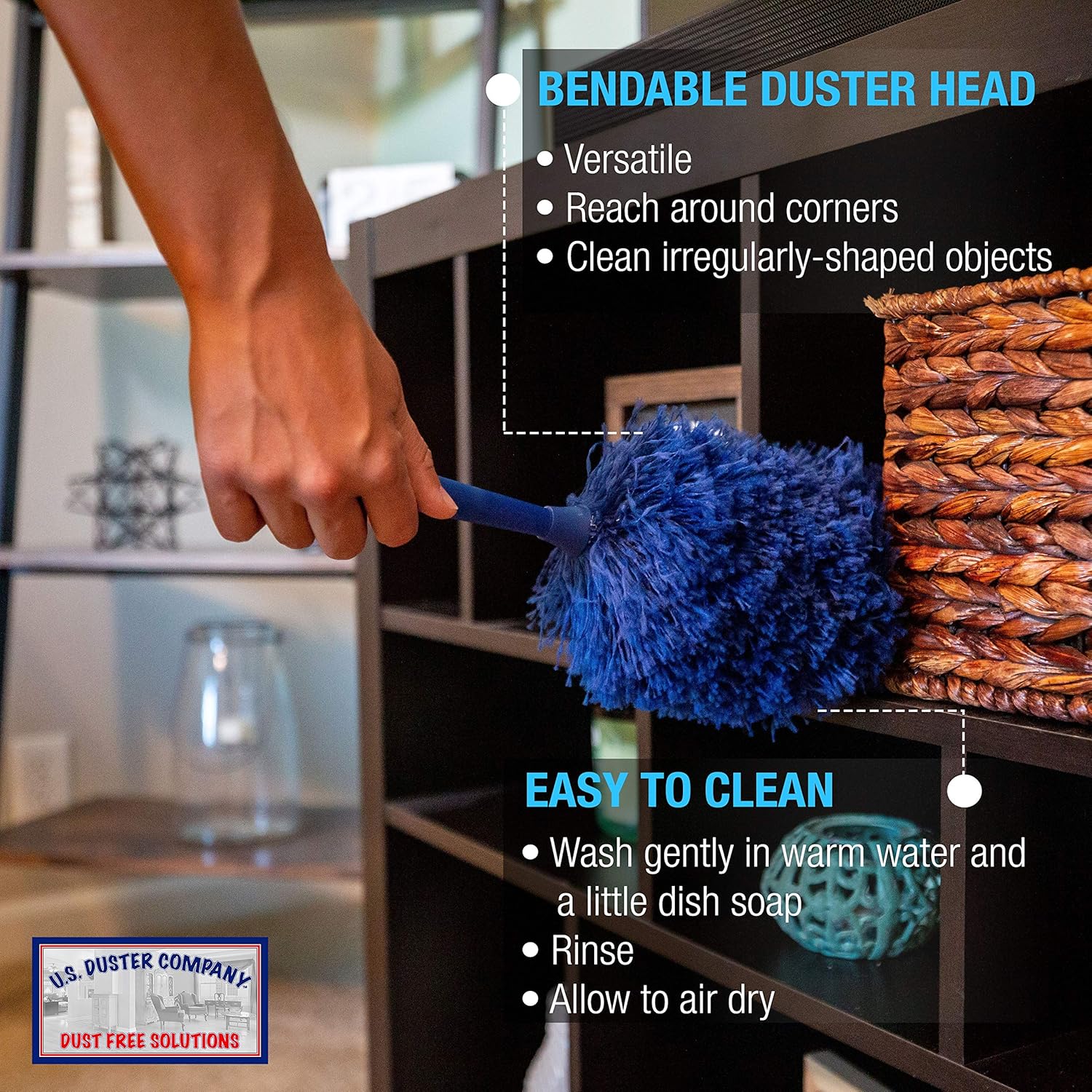 Blue Extension Rod Ceiling Duster with 18-20 feet Reach 3-Stage Aluminum Telescoping Pole - Cathedral, Cobweb, Microfiber, Ceilings Fan Duster Includes 2 Hand Dusting Kit