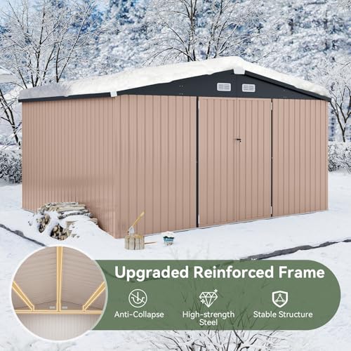 Aoxun 10 x 12FT Outdoor Storage Shed with Double Hinged Large Door Utility Garden Shed with Lockable Door & Sloped Roof Metal Sheds Outdoor Storage for Garden, Backyard, Patio and Backyard, Brown