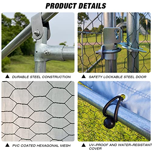 Large Metal Chicken Coop Walk-in Poultry Cage Chicken Run Pen Dog Kennel with Waterproof and Anti-Ultraviolet Cover for Outdoor Farm Use(9.8' L x 19.7' W x 6.4' H)