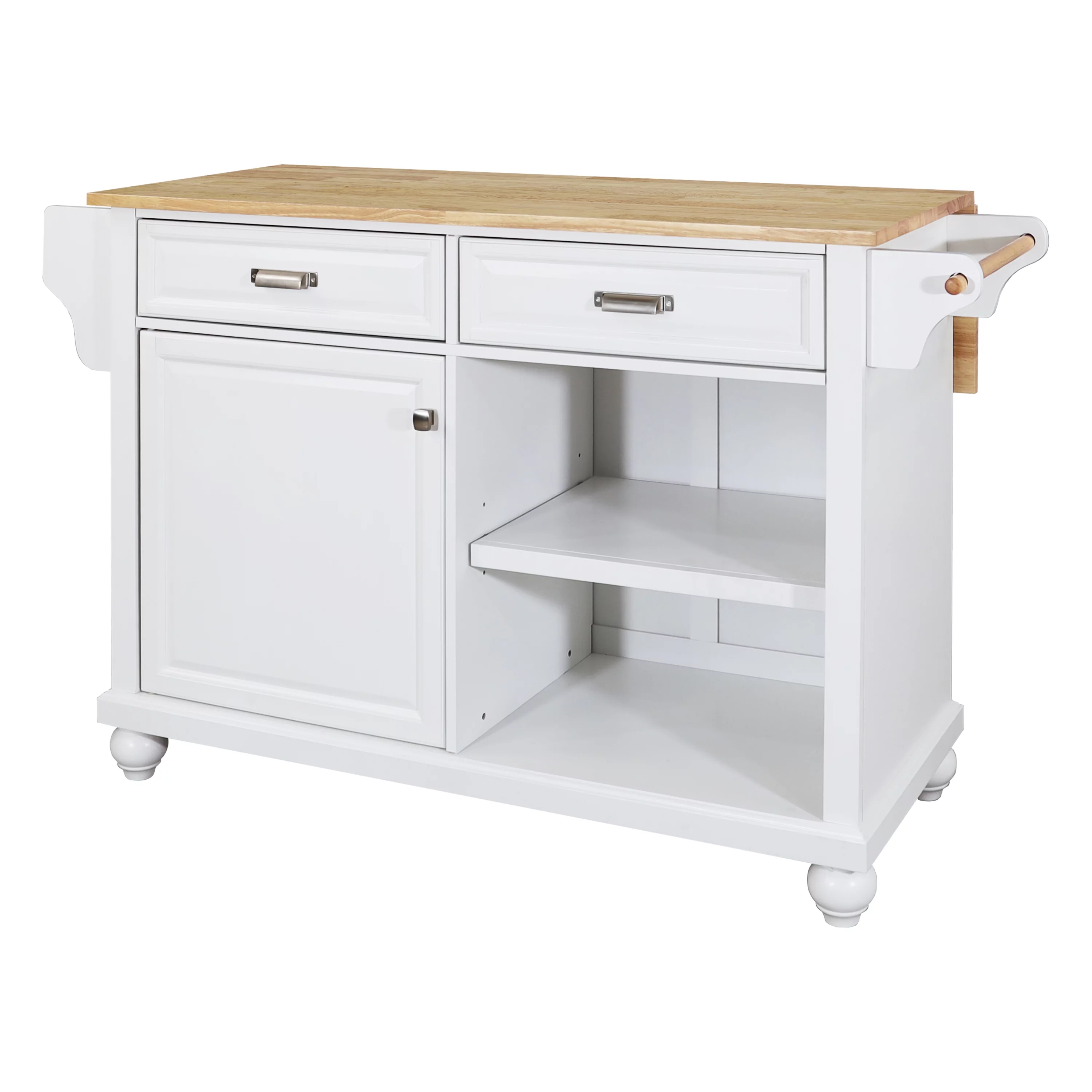 Multi-Functional Storage Island Cart with Rubberwood Countertop and Drop-Leaf, Greenguard Gold Certified, Kitchen Island on Wheels with Large Storage Cabinet,2 Drawers,Spice Rack,Towel Holder, White