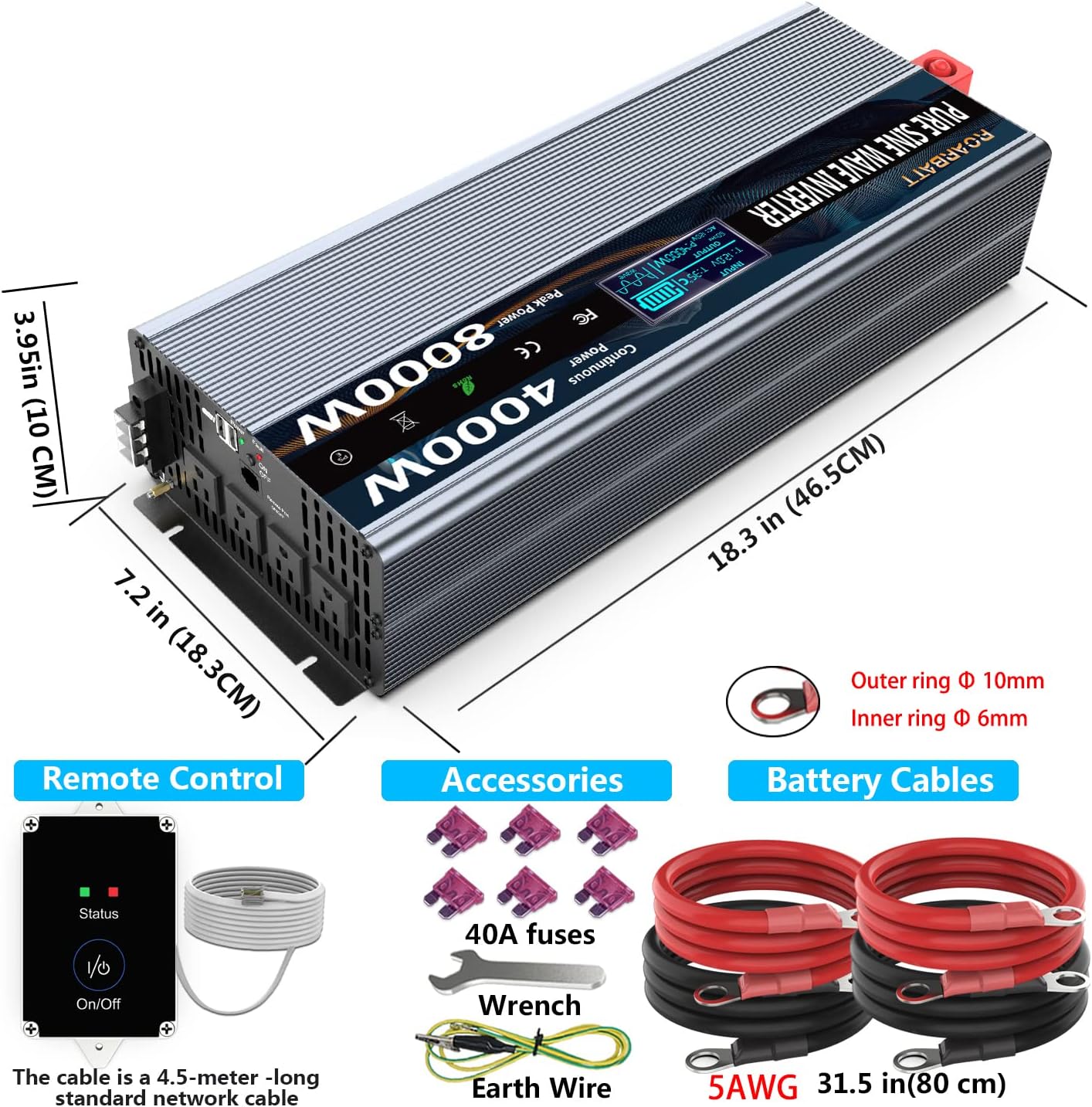 Pure Sine Wave Power Inverters 4000Watt 12V DC to AC 110V 120V Peak Power 8000Watt with Remote Control 4 AC Outlets and Dual USB Port for CPAP RV Car Solar System Emergency