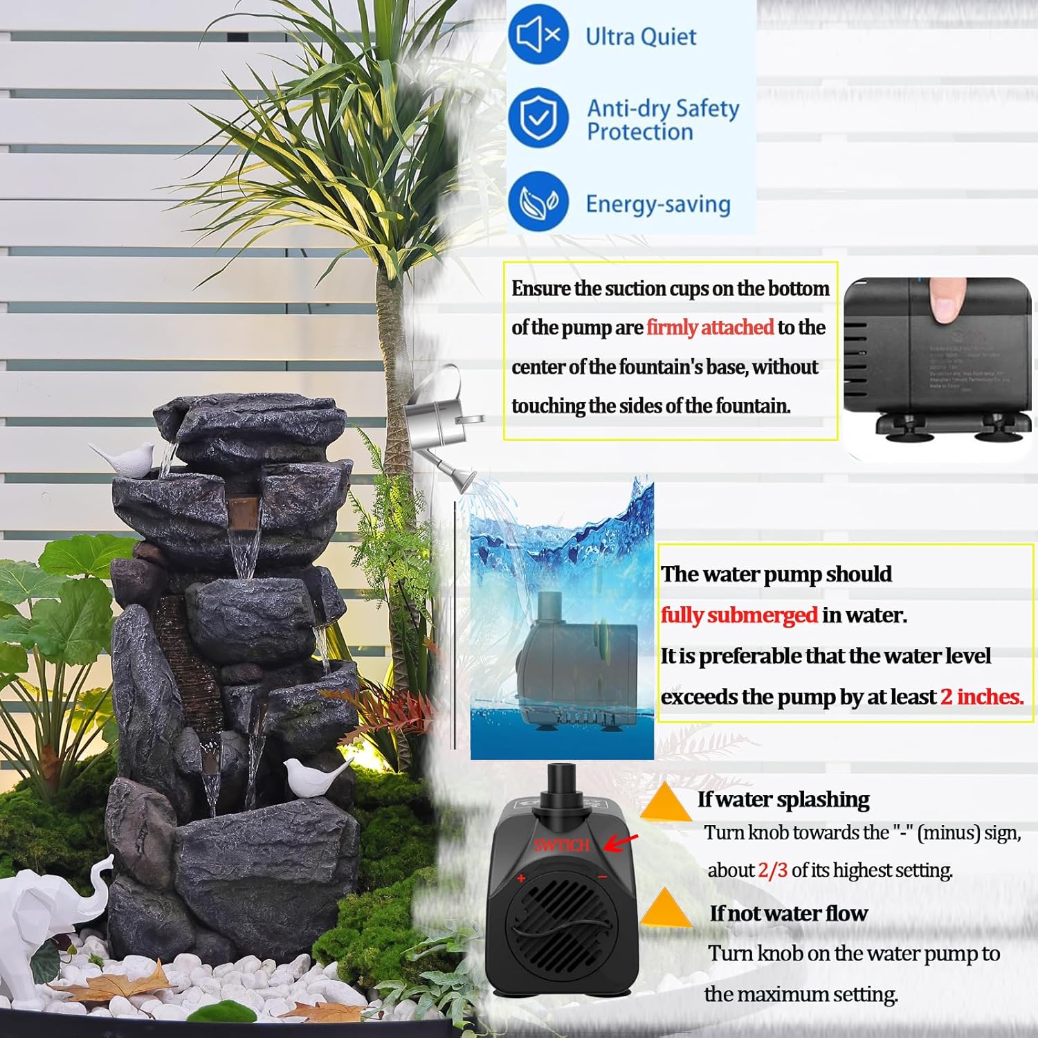 5-Tiered Rock Water Fountain Outdoor Garden - 31.5”Waterfall Fountain Outdoor Water Fountain with Light Cascading Waterfall for Patio,Garden,Grey,Resin Fountain