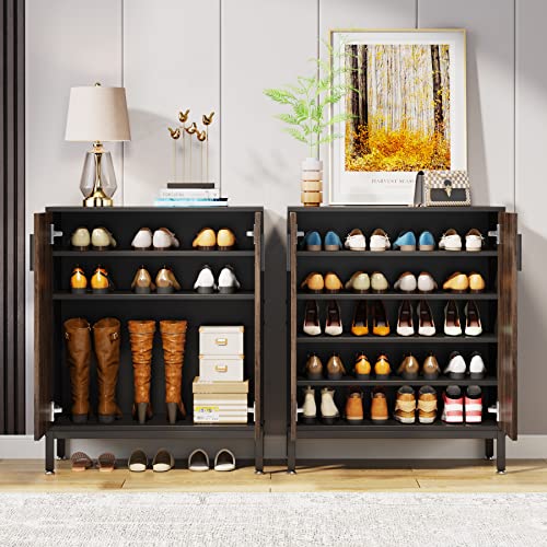 Shoe Cabinet with Doors, 20 Pairs Entryway Shoe Storage Cabinet Modern Storage Organizer for Closet, Living Room, Bedroom (Brown/Black)