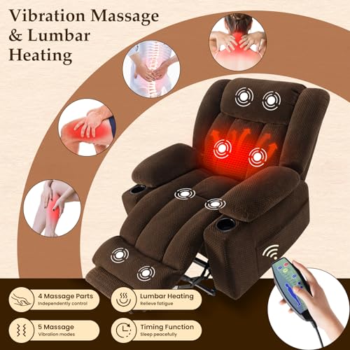Large Power Lift Chairs Recliners for Elderly with Extended Footrest, Lift Chairs with Heat and Massage, Big and Tall Overstuffed Wide Recliner, 3 Positions (Plush Flannel, Dark Brown)