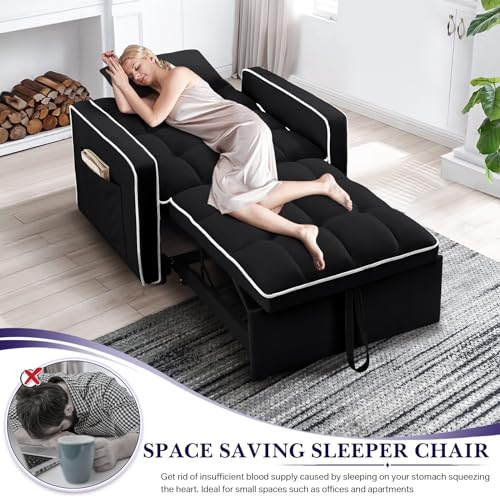 Convertible Sleeper Chair Bed, 3 in 1 Modern Velvet Pull Out Sofa Bed Chair, Small Tufted Single Sleeper Chair with Adjustable Backrest/Pillow for Living Room, Small Spaces, Apartment, Office, Beige
