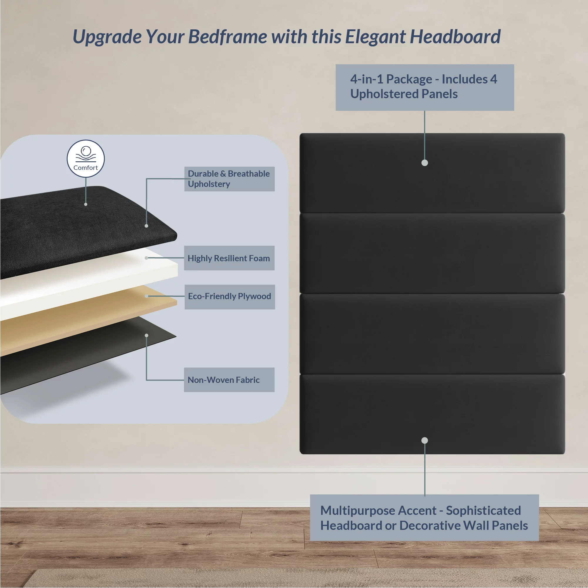 Upholstered Wall Panels Headboards - Pack of 4 Panels, Black (Each Panel 38" x 11.5")