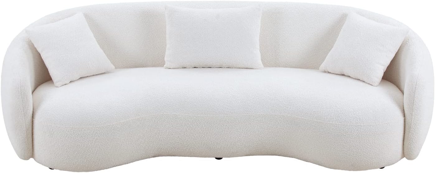 Unique Curved Sofa,Modern Boucle Upholstered Cloud Couch with 3 Throw Pillows, 4-Seat Teddy Fleece Leisure Sectional Sofa&Couch Lounge Chaise for Living Room, Office, Apartment, Beige 93.6"