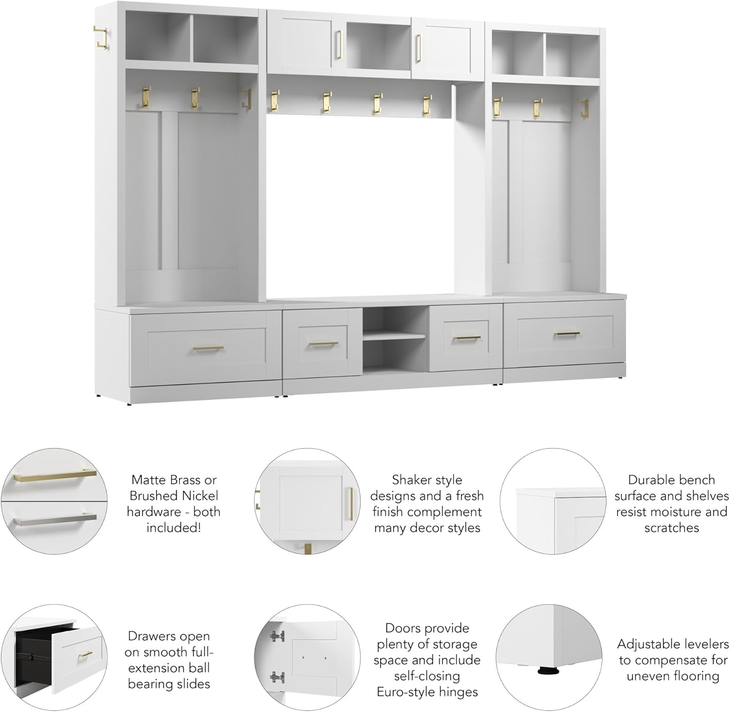 Bush Furniture Hampton Heights Full Entryway Storage Set with Coat Rack, Hall Trees, and Shoe Benches with Doors and Drawers in White | Foyer, Mudroom Organizer