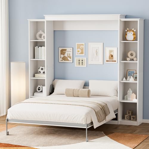 Queen Murphy Bed with Storage Bookcase & 4 Adjustable Shelves, Foldable Space-Saving Queen Wood Wall Bedframe with Metal Legs, Hidden Bedframe for Guest Room, Study, Home Office, Bedroom, Gray