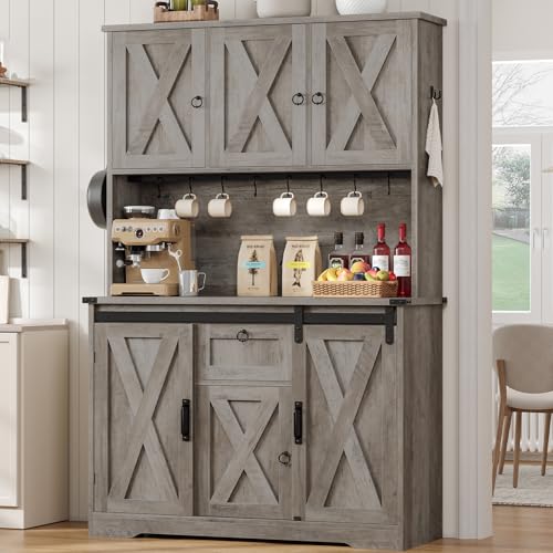 Kitchen Pantry Cabinet, Farmhouse Kitchen Cabinet with Drawer, Sliding Barn Doors Storage Cabinets with Adjustable Shelves for Dining Room, White