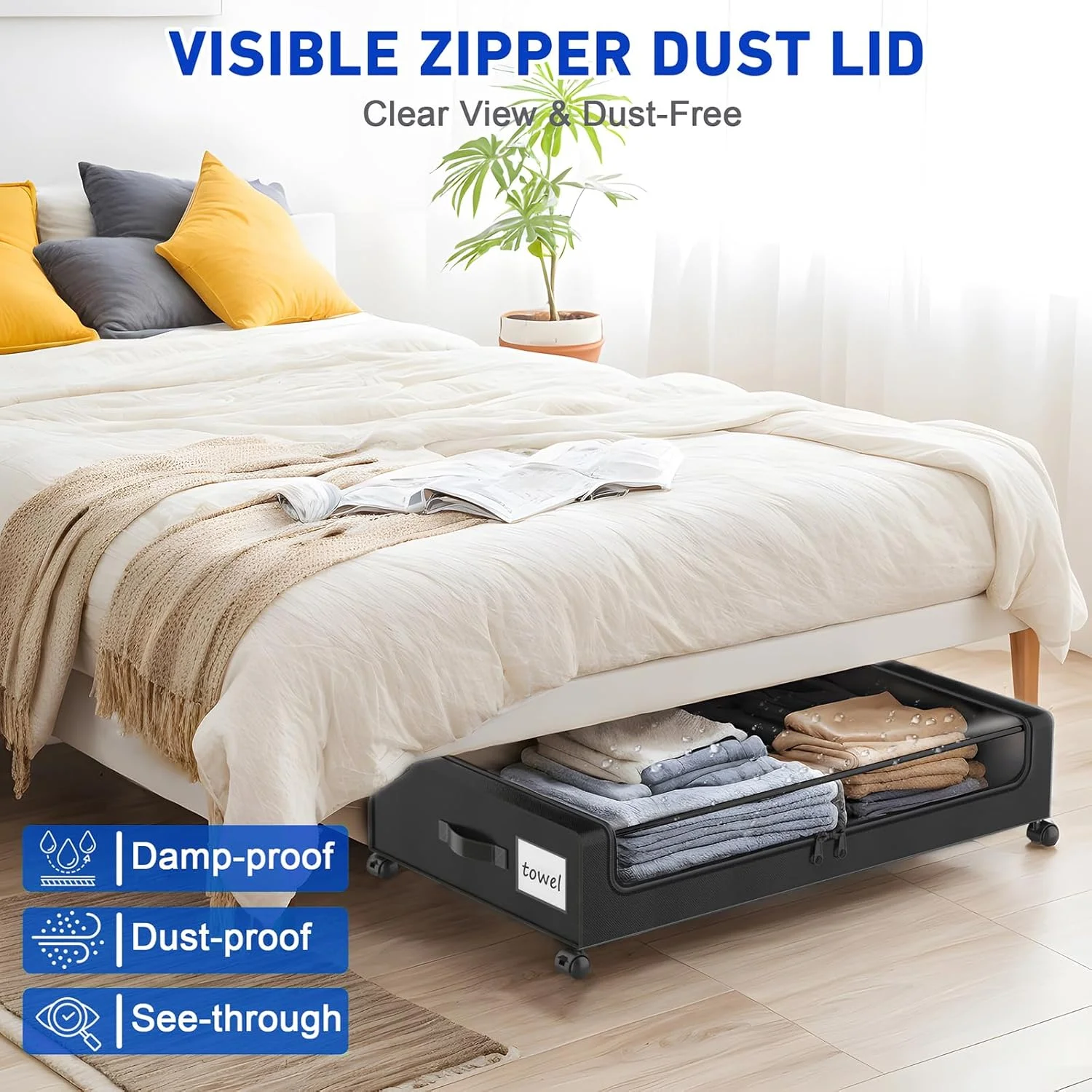 Under Bed Storage with Wheels, 2-Pack Under Bed Storage Containers with Clear Lids, XXL 60L Under the bed storage Organizer Bins, Rolling Under Bed Metal Drawer for Clothes,Shoes,Toys (Black)