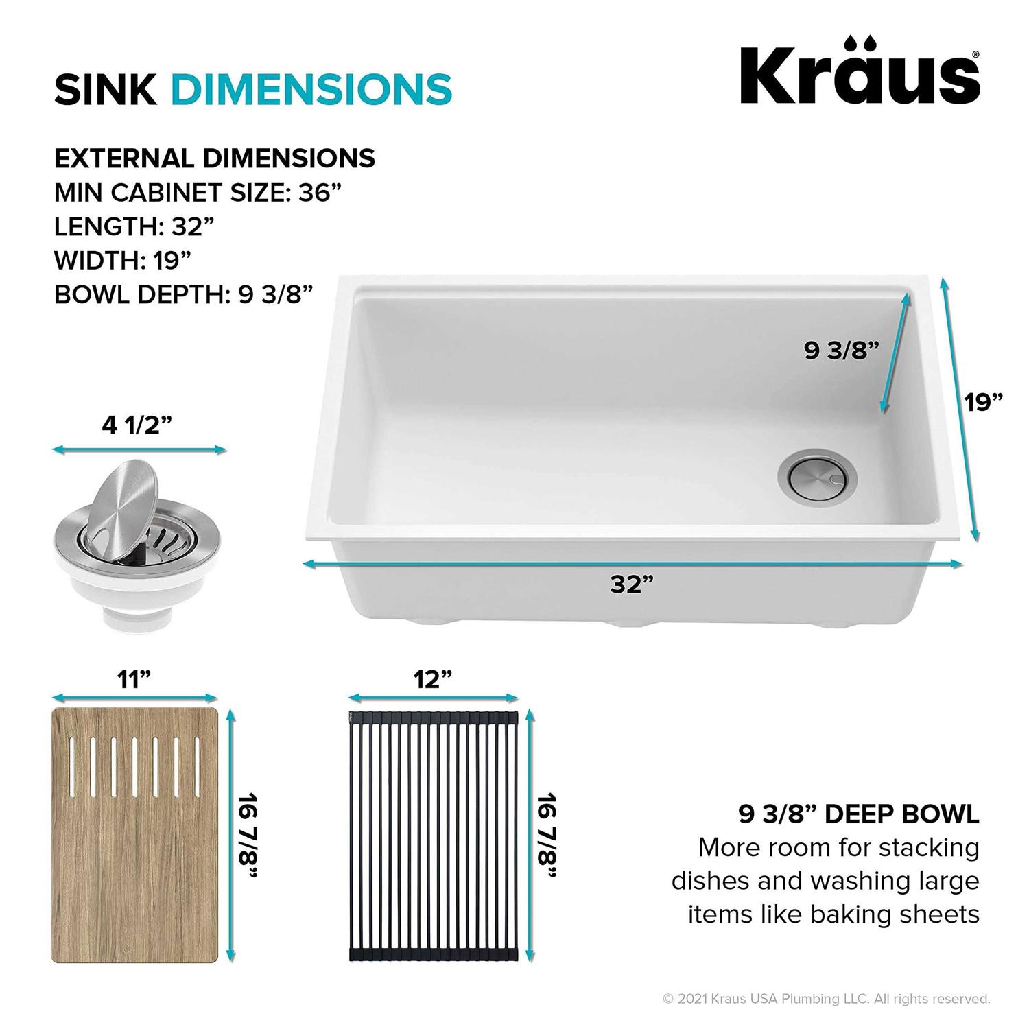 Kraus Bellucci Workstation 33 inch Undermount Granite Composite Single Bowl Kitchen Sink KGUW1-33WH