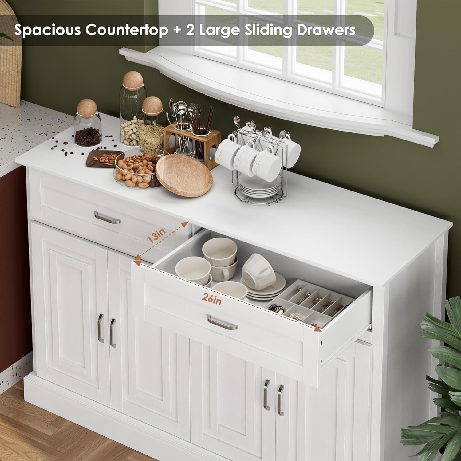 Sideboard Buffet Cabinet with Storage, 55.1" Large Kitchen Storage Cabinet with 2 Drawers and 4 Doors, Farmhouse Coffee Bar Display Cabinet for Kitchen Dining Room