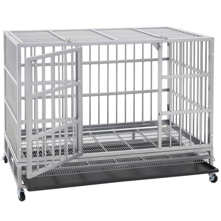 54/48/42/38 inch Heavy Duty Indestructible and Escape-Proof Dog Crate Cage Kennel for Large Dogs, High Anxiety Dog Crate with Removable Wire Trays and Wheels, Extra Large XL XXL