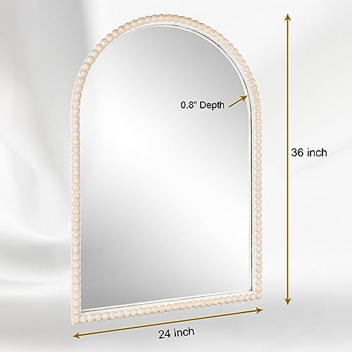 24"x36" Arch Wall Mirror Wooden Framed with White Wooden Beads, Modern Rustic Distressed Hanging Wall Mirror for Entryway, Living Room or Bedroom Home Decor