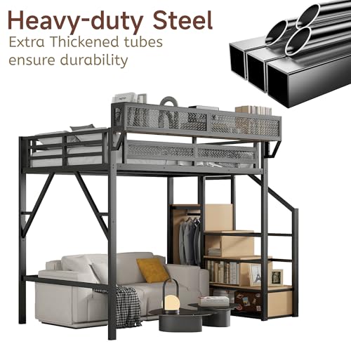 Full Size Loft Bed with Stairs and Storage, Metal Loft Bed Frame with Bedside Shelf and Large Under-Bed Space, Heavy-Duty Bed for Adults Teens and Kids, Black