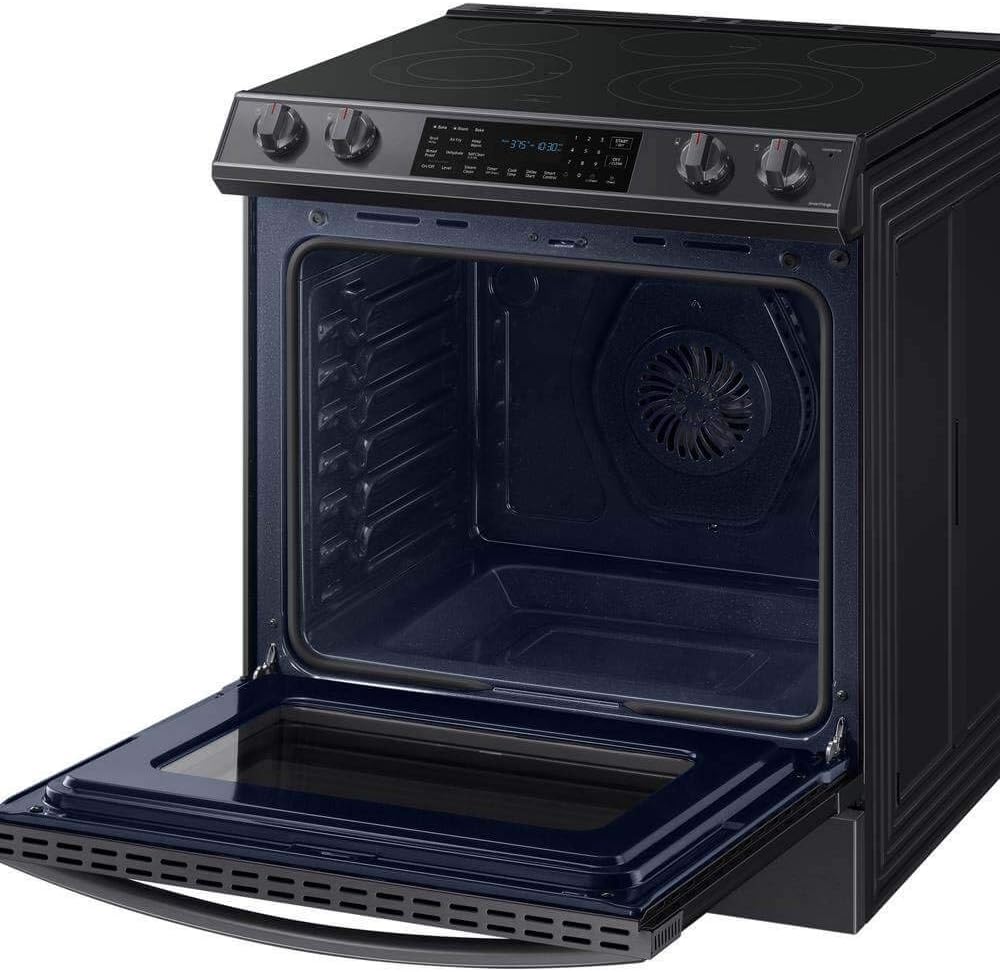 SAMSUNG 6.3 Cu Ft Smart Front Control Slide-In Electric Range Kitchen Stove w/ Air Fry, Convention+, Wi-Fi, Large Oven Capacity, NE63T8511SG/AA, Fingerprint Resistant Stainless Steel, Black