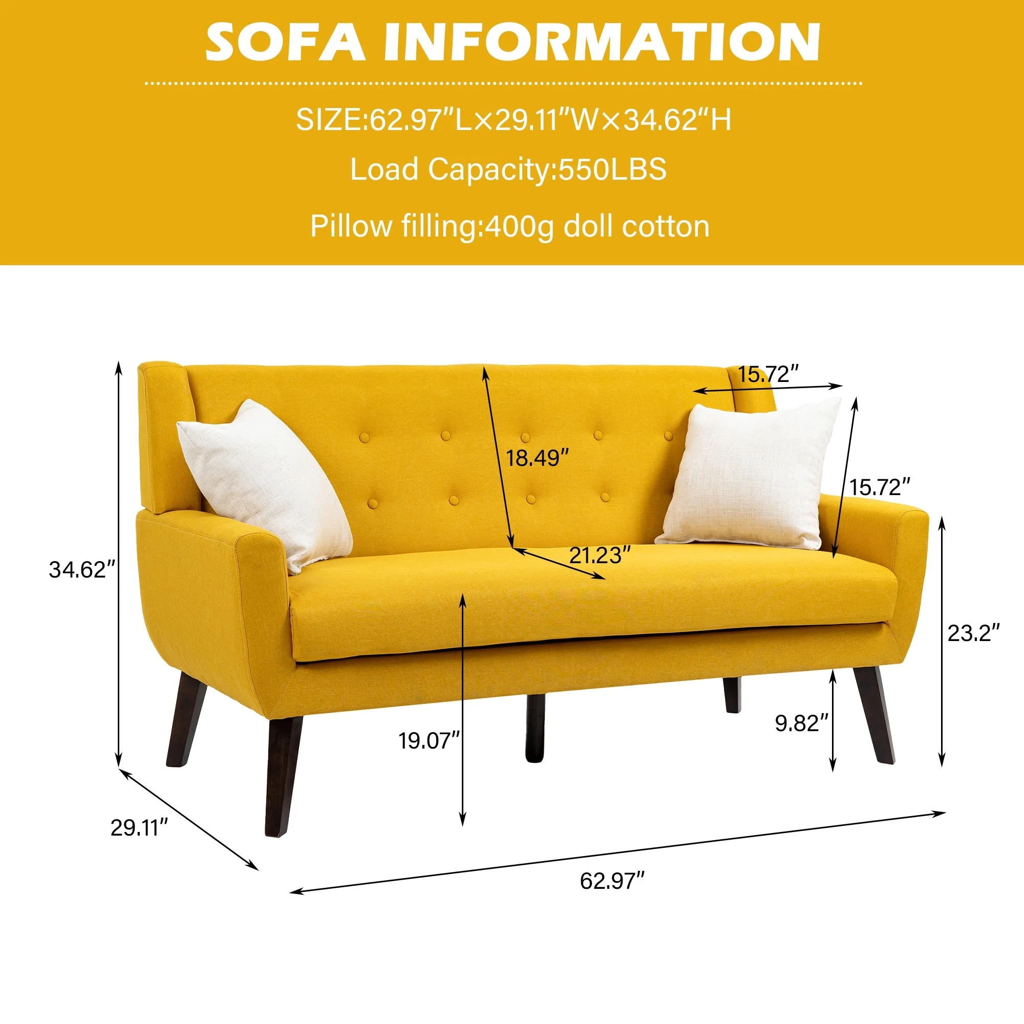Tufted Linen/Cotton Loveseat with 2 Accent Chairs Yellow