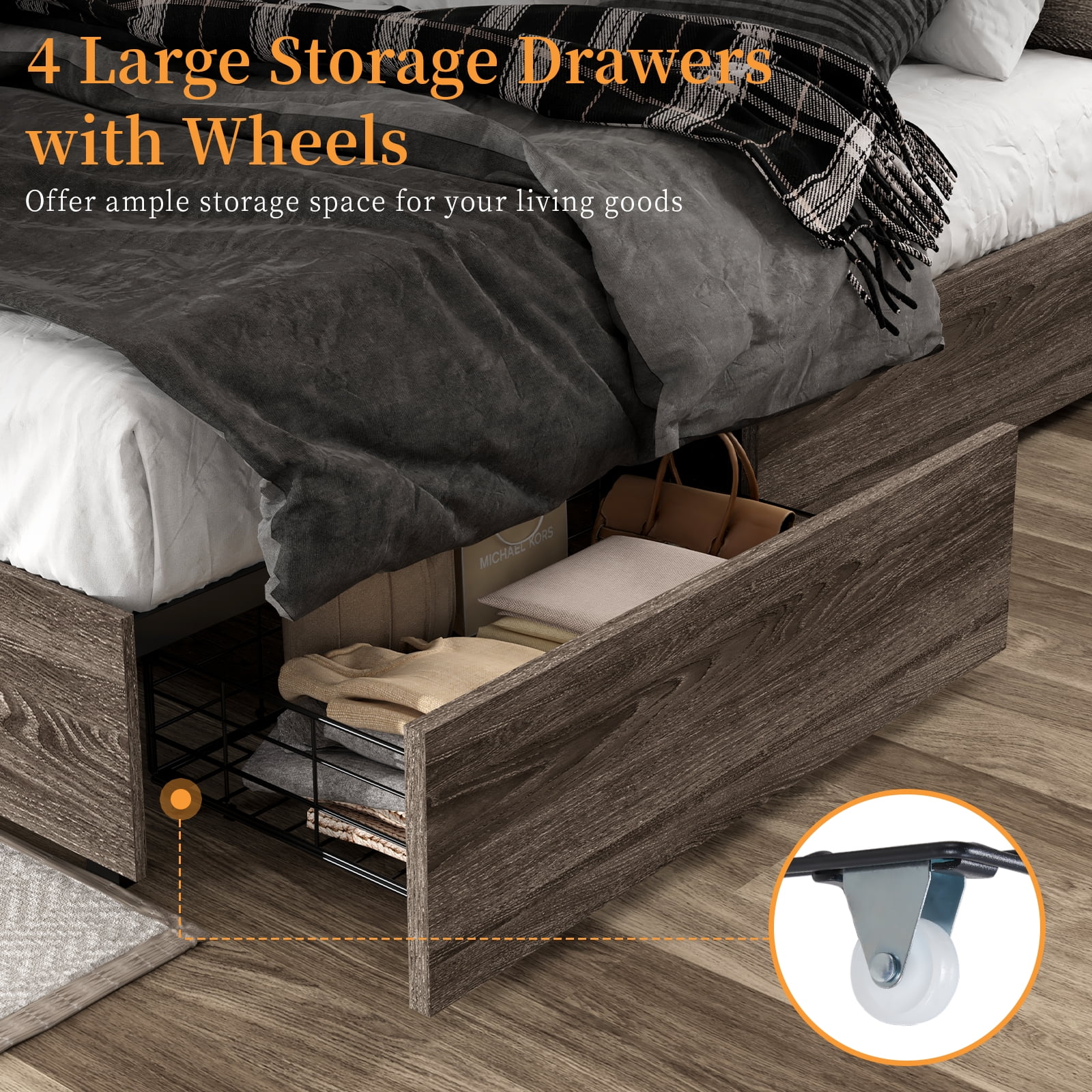 LUXOAK Queen Size Bed Frame with LED Bookcase Headboard, Wooden Storage Bed with Charging Station & 4 Drawers, No Box Spring Needed/Noise-Free/Rustic Grey